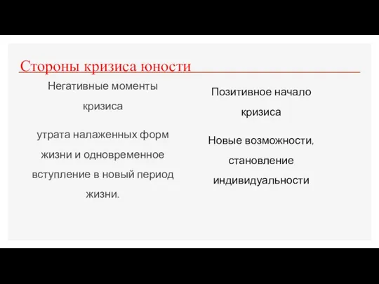 Стороны кризиса юности Негативные моменты кризиса утрата налаженных форм жизни и