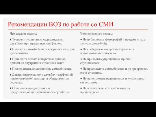 Рекомендации ВОЗ по работе со СМИ Что следует делать: ♦ Тесно