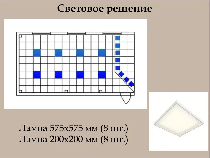 Световое решение Лампа 575х575 мм (8 шт.) Лампа 200х200 мм (8 шт.)