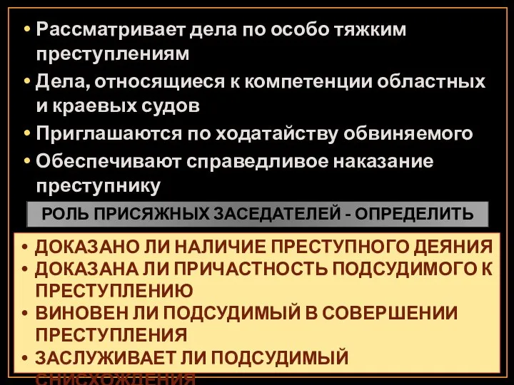 Рассматривает дела по особо тяжким преступлениям Дела, относящиеся к компетенции областных