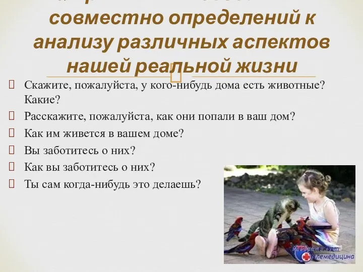 Скажите, пожалуйста, у кого-нибудь дома есть животные? Какие? Расскажите, пожалуйста, как