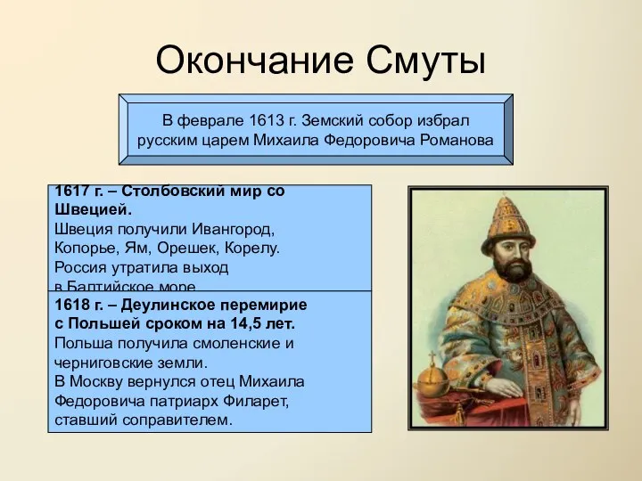 Окончание Смуты В феврале 1613 г. Земский собор избрал русским царем