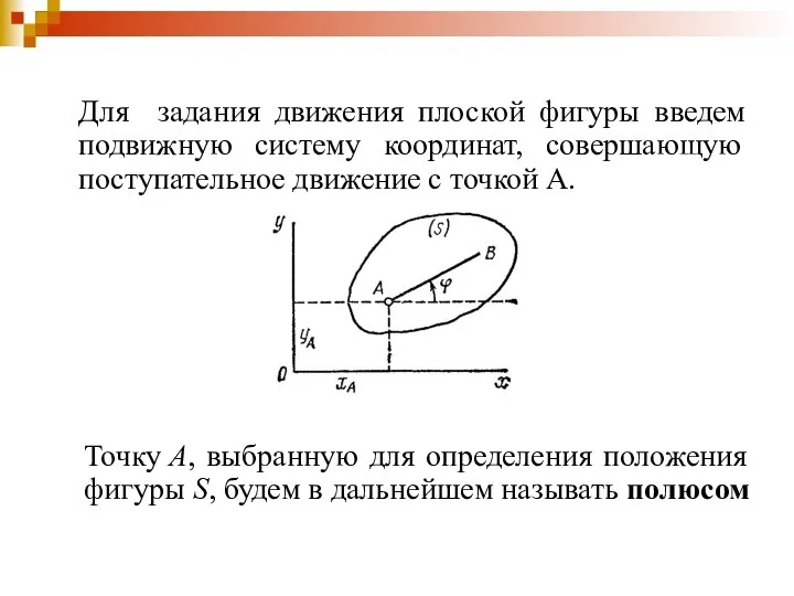 Для задания движения плоской фигуры введем подвижную систему координат, совершающую поступательное