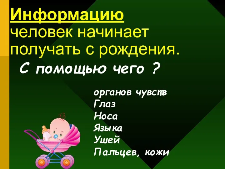 Информацию человек начинает получать с рождения. органов чувств Глаз Носа Языка