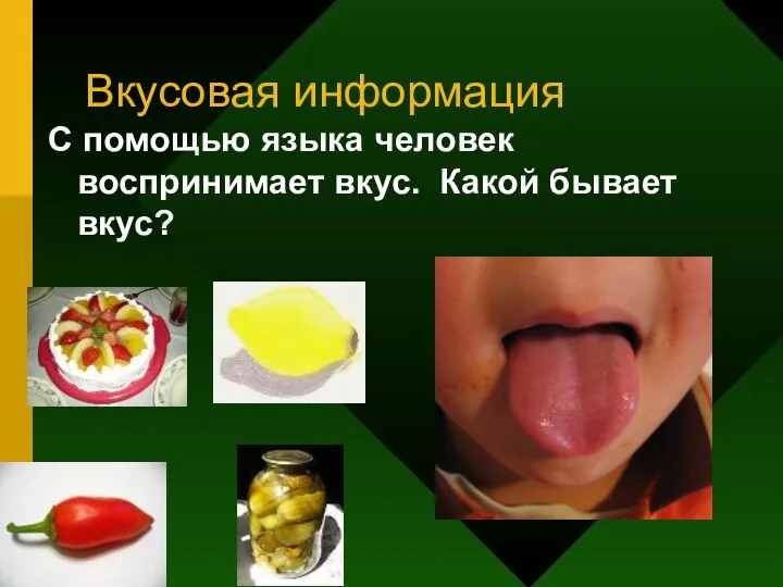 Вкусовая информация С помощью языка человек воспринимает вкус. Какой бывает вкус?