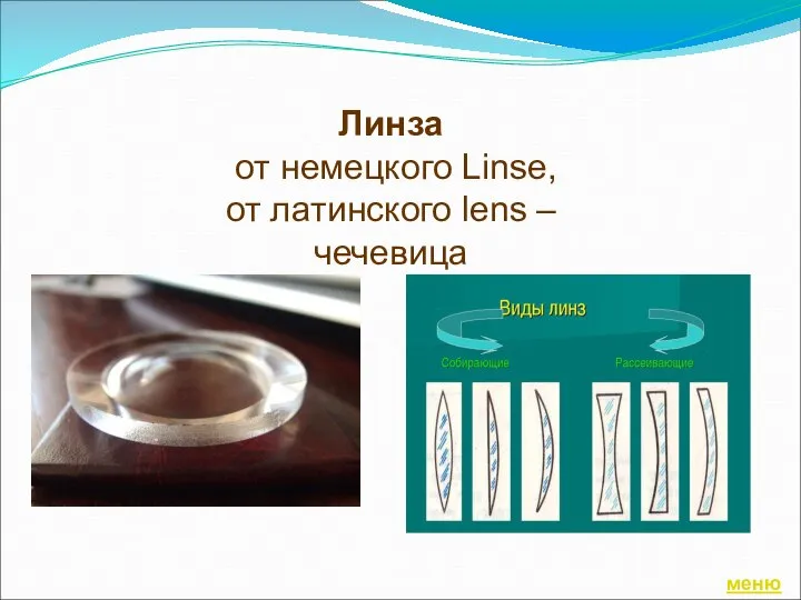 Линза от немецкого Linse, от латинского lens – чечевица меню