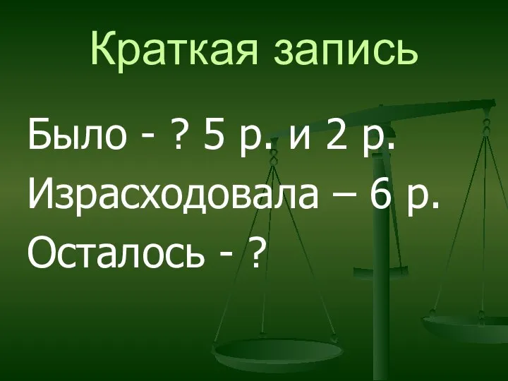 Краткая запись Было - ? 5 р. и 2 р. Израсходовала