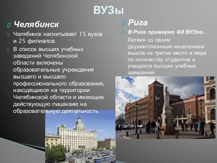Челябинск Челябинск насчитывает 15 вузов и 25 филиалов. В список высших