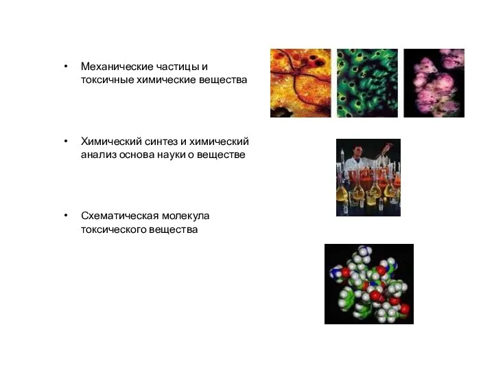 Механические частицы и токсичные химические вещества Химический синтез и химический анализ