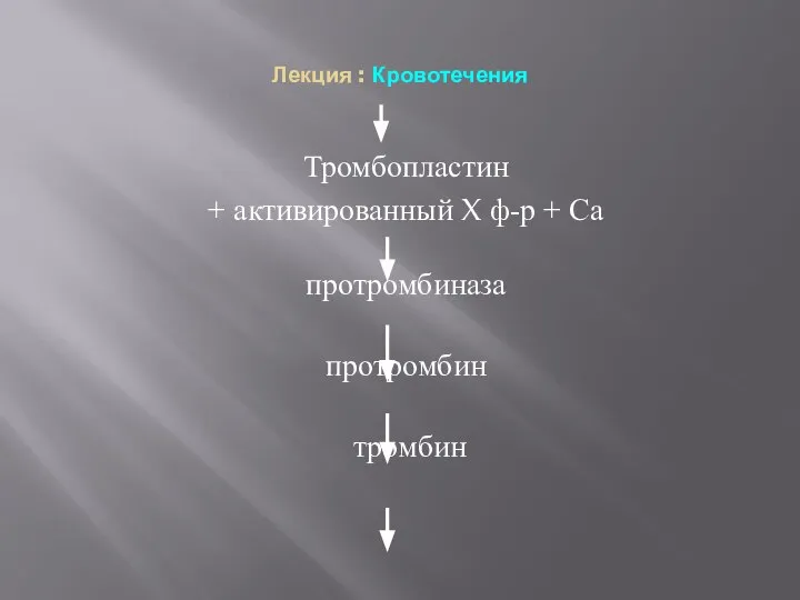 Лекция : Кровотечения Тромбопластин + активированный X ф-р + Са протромбиназа протромбин тромбин