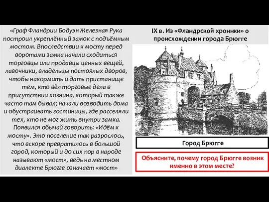 «Граф Фландрии Бодуэн Железная Рука построил укреплённый замок с подъёмным мостом.