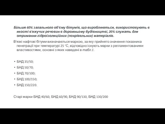 Більше 60% загального об'єму бітумів, що виробляються, використовують в якості в'яжучих