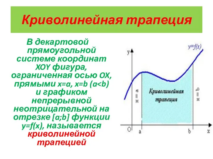 Криволинейная трапеция В декартовой прямоугольной системе координат XOY фигура, ограниченная осью OX, прямыми x=a, x=b (a