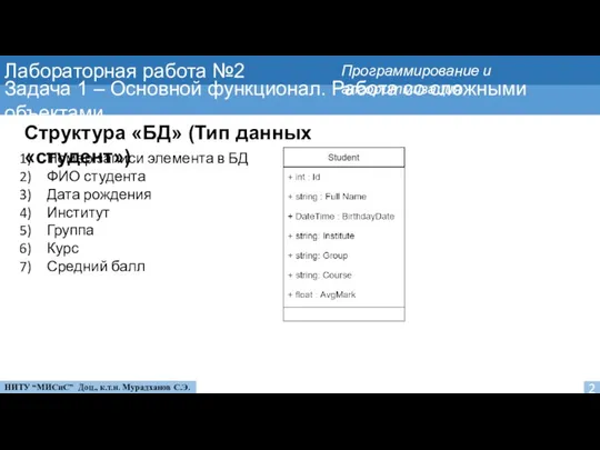 Лабораторная работа №2 Задача 1 – Основной функционал. Работа со сложными