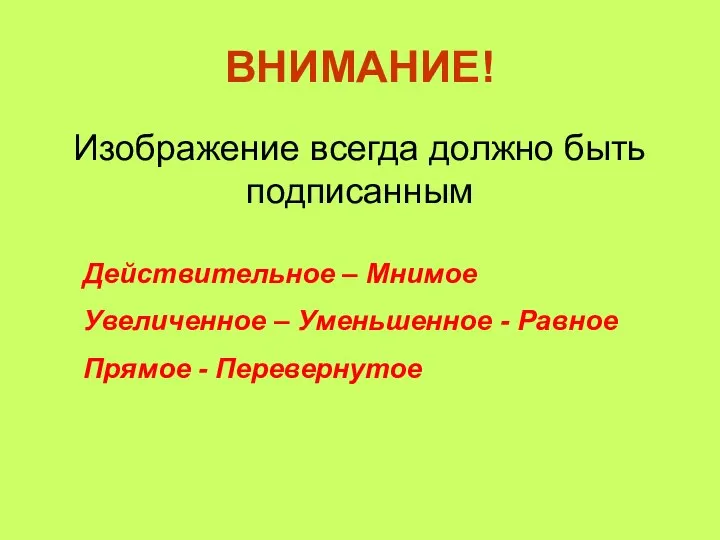 ВНИМАНИЕ! Изображение всегда должно быть подписанным Действительное – Мнимое Увеличенное –