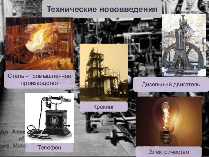 Сталь - промышленное производство Электричество Телефон Дизельный двигатель Крекинг Технические нововведения