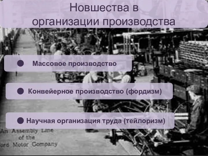 Новшества в организации производства Массовое производство Конвейерное производство (фордизм) Научная организация труда (тейлоризм)