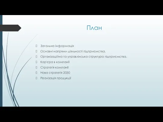 План Загальна інформація Основні напрями діяльності підприємства. Організаційна та управлінська структура