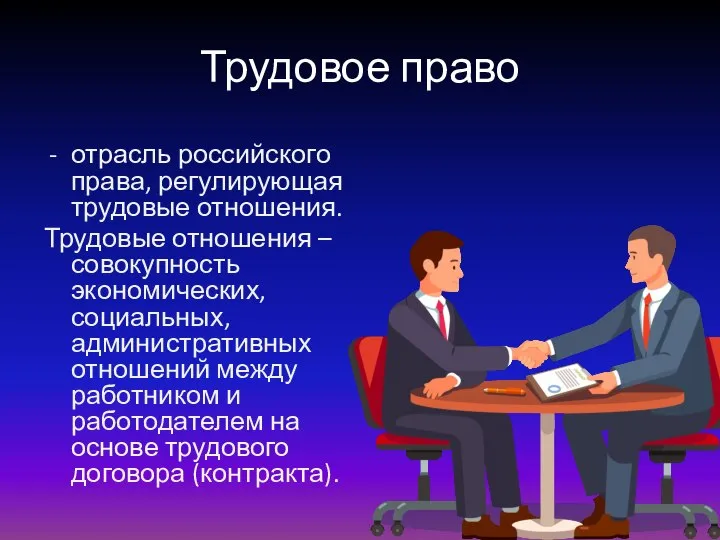 Трудовое право отрасль российского права, регулирующая трудовые отношения. Трудовые отношения –