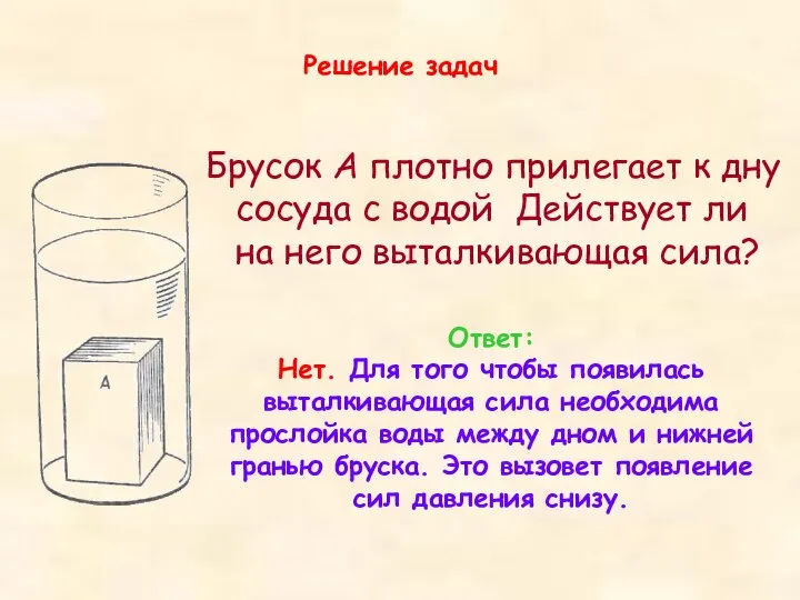 Решение задач Брусок А плотно прилегает к дну сосуда с водой