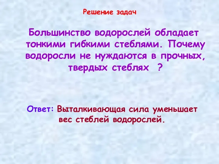 Решение задач Большинство водорослей обладает тонкими гибкими стеблями. Почему водоросли не