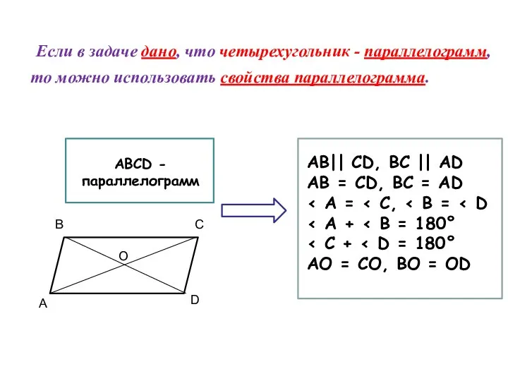 Если в задаче дано, что четырехугольник - параллелограмм, то можно использовать