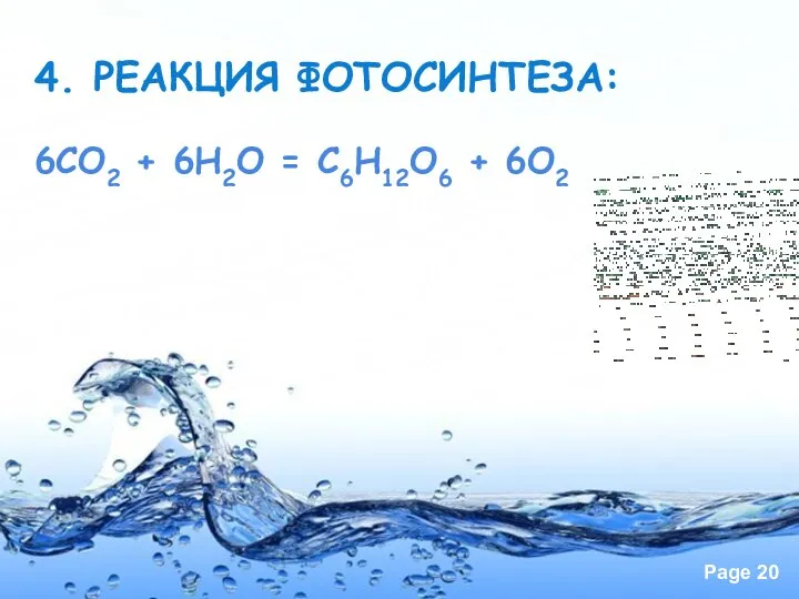 4. РЕАКЦИЯ ФОТОСИНТЕЗА: 6СО2 + 6Н2О = С6Н12О6 + 6О2