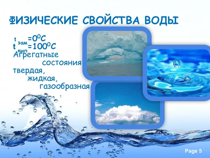 ФИЗИЧЕСКИЕ СВОЙСТВА ВОДЫ t зам=00С t кип=1000С Агрегатные состояния: твердая, жидкая, газообразная