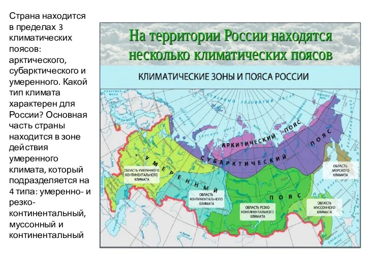 Страна находится в пределах 3 климатических поясов: арктического, субарктического и умеренного.