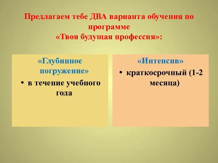 Предлагаем тебе ДВА варианта обучения по программе «Твоя будущая профессия»: «Глубинное