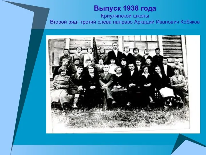 Выпуск 1938 года Криулинской школы Второй ряд- третий слева направо Аркадий Иванович Кобяков