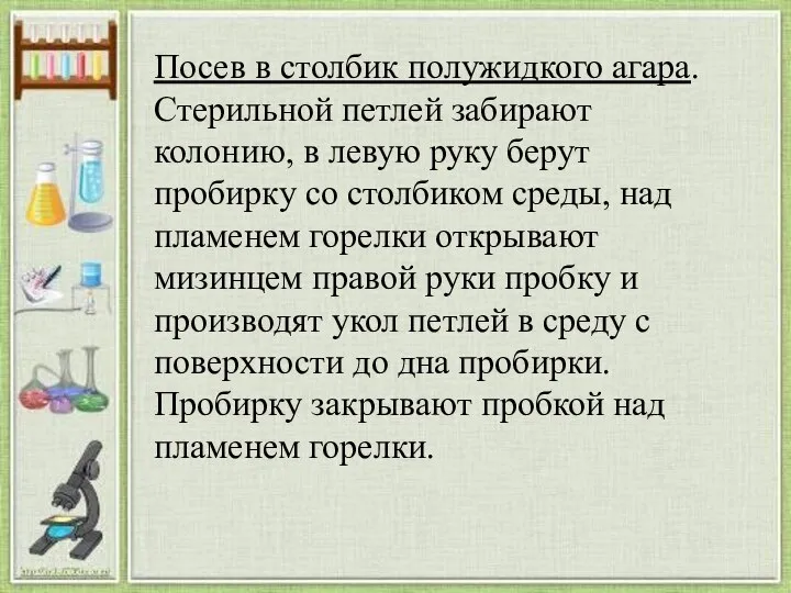 Посев в столбик полужидкого агара. Стерильной петлей забирают колонию, в левую