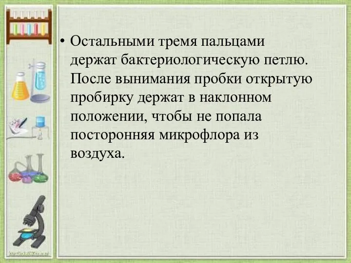 Остальными тремя пальцами держат бактериологическую петлю. После вынимания пробки открытую пробирку