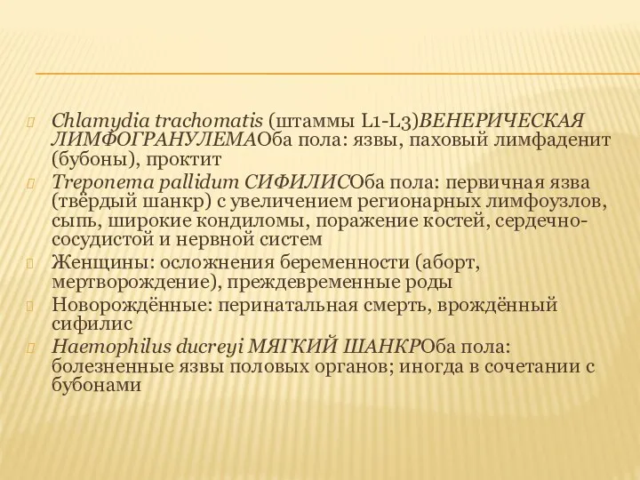 Chlamydia trachomatis (штаммы L1-L3)ВЕНЕРИЧЕСКАЯ ЛИМФОГРАНУЛЕМАОба пола: язвы, паховый лимфаденит (бубоны), проктит