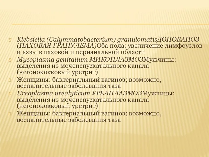 Klebsiella (Calymmatobacterium) granulomatisДОНОВАНОЗ (ПАХОВАЯ ГРАНУЛЕМА)Оба пола: увеличение лимфоузлов и язвы в