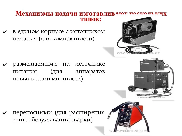 Механизмы подачи изготавливают нескольких типов: в едином корпусе с источником питания