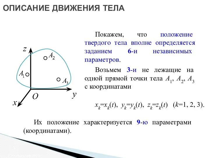 ОПИСАНИЕ ДВИЖЕНИЯ ТЕЛА Кинематика тела Покажем, что положение твердого тела вполне