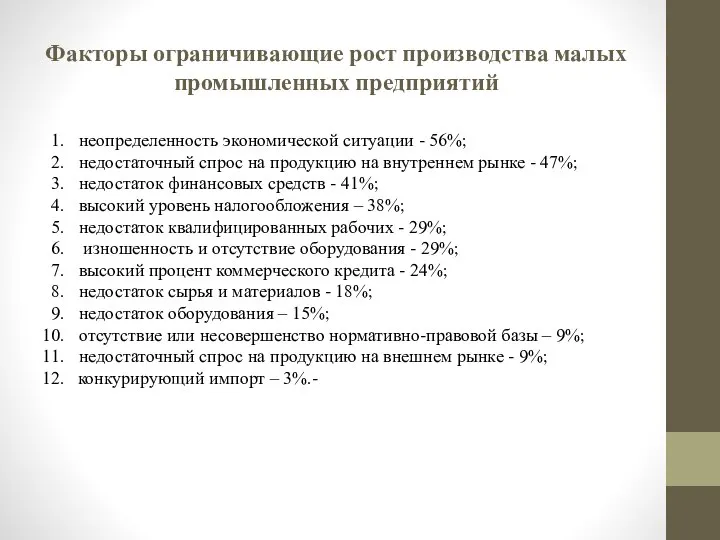 Факторы ограничивающие рост производства малых промышленных предприятий неопределенность экономической ситуации -