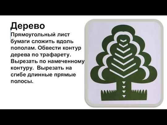 Дерево Прямоугольный лист бумаги сложить вдоль пополам. Обвести контур дерева по