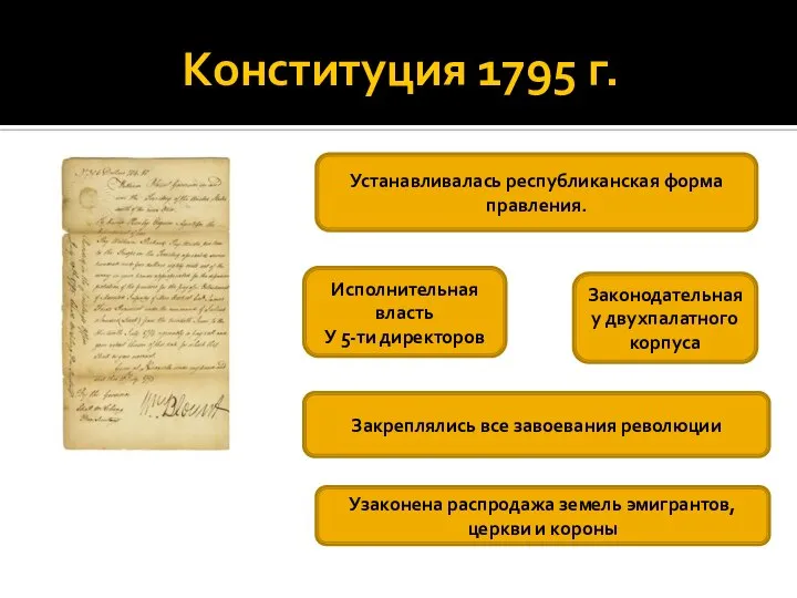 Конституция 1795 г. Устанавливалась республиканская форма правления. Исполнительная власть У 5-ти