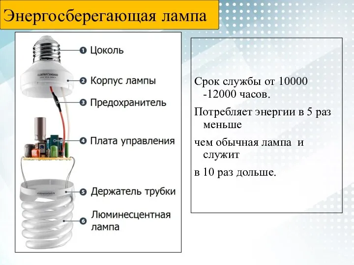 Энергосберегающая лампа Срок службы от 10000 -12000 часов. Потребляет энергии в