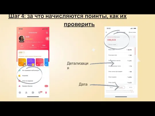 Шаг 4: за что начисляются поинты, как их проверить Детализация Дата