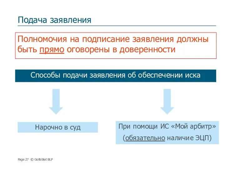 Подача заявления Способы подачи заявления об обеспечении иска Page © Goltsblat