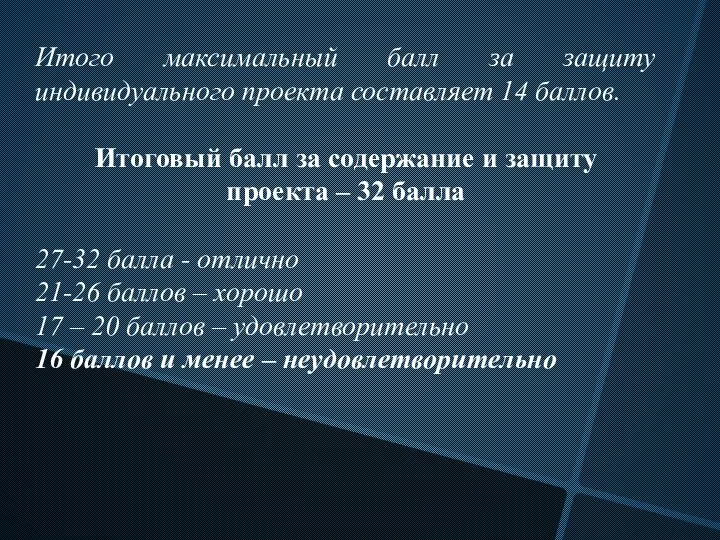 Итого максимальный балл за защиту индивидуального проекта составляет 14 баллов. Итоговый