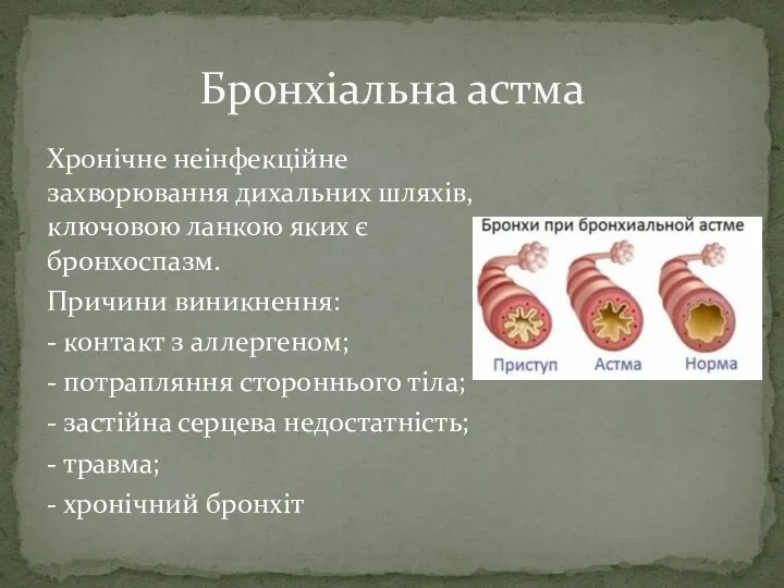 Хронічне неінфекційне захворювання дихальних шляхів, ключовою ланкою яких є бронхоспазм. Причини