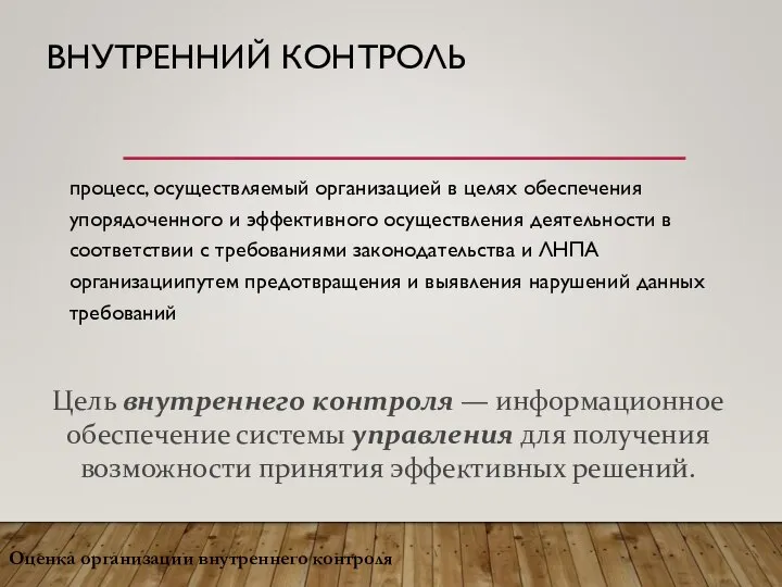 ВНУТРЕННИЙ КОНТРОЛЬ процесс, осуществляемый организацией в целях обеспечения упорядоченного и эффективного