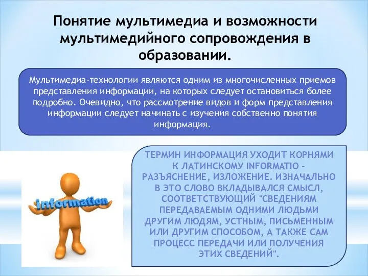 Понятие мультимедиа и возможности мультимедийного сопровождения в образовании. ТЕРМИН ИНФОРМАЦИЯ УХОДИТ