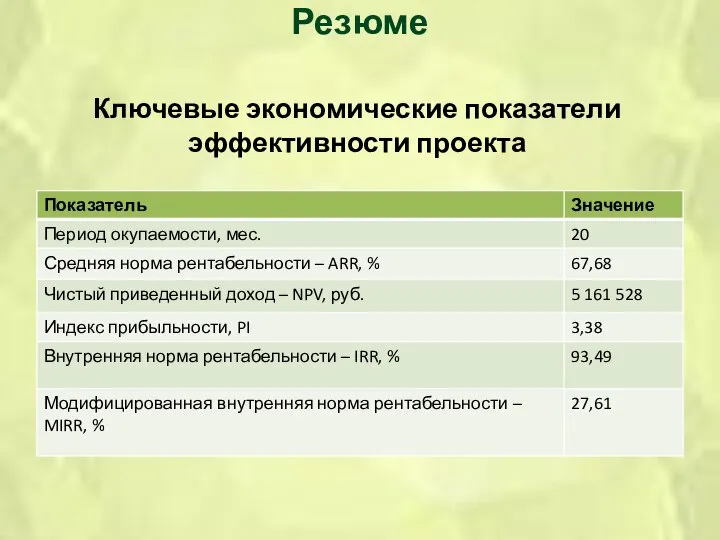 Резюме Ключевые экономические показатели эффективности проекта