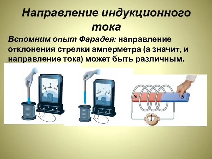 Направление индукционного тока Вспомним опыт Фарадея: направление отклонения стрелки амперметра (а