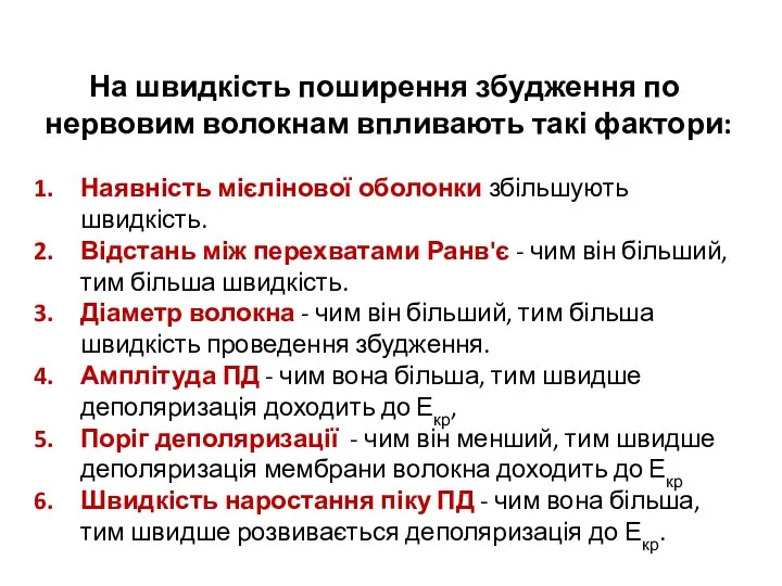 На швидкість поширення збудження по нервовим волокнам впливають такі фактори: Наявність